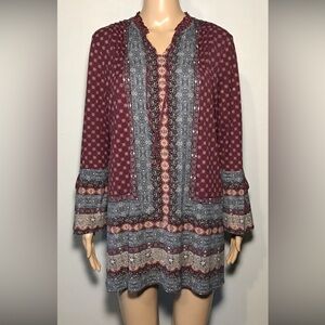 Style & Co Women's Tunic Size L Floral Ruffle Neck Bell Sleeve Pleated Detail